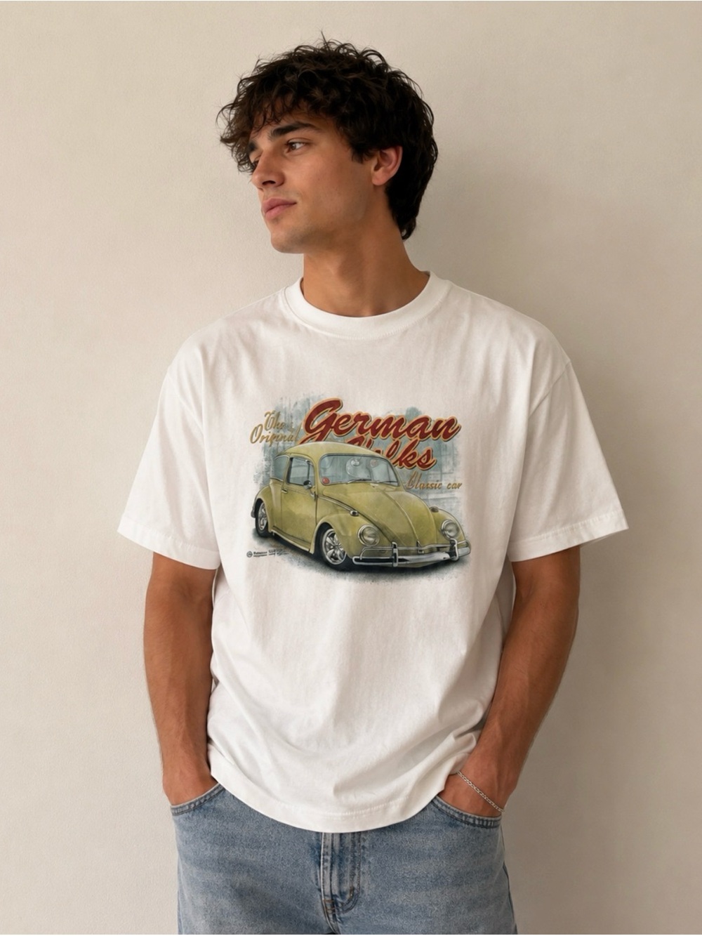 White Graphic Tee with Vintage Car Print